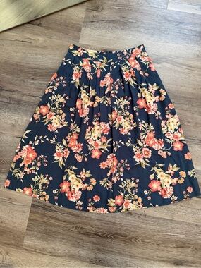 Forever 21 Navy Midi Skirt with Coral Floral Print
